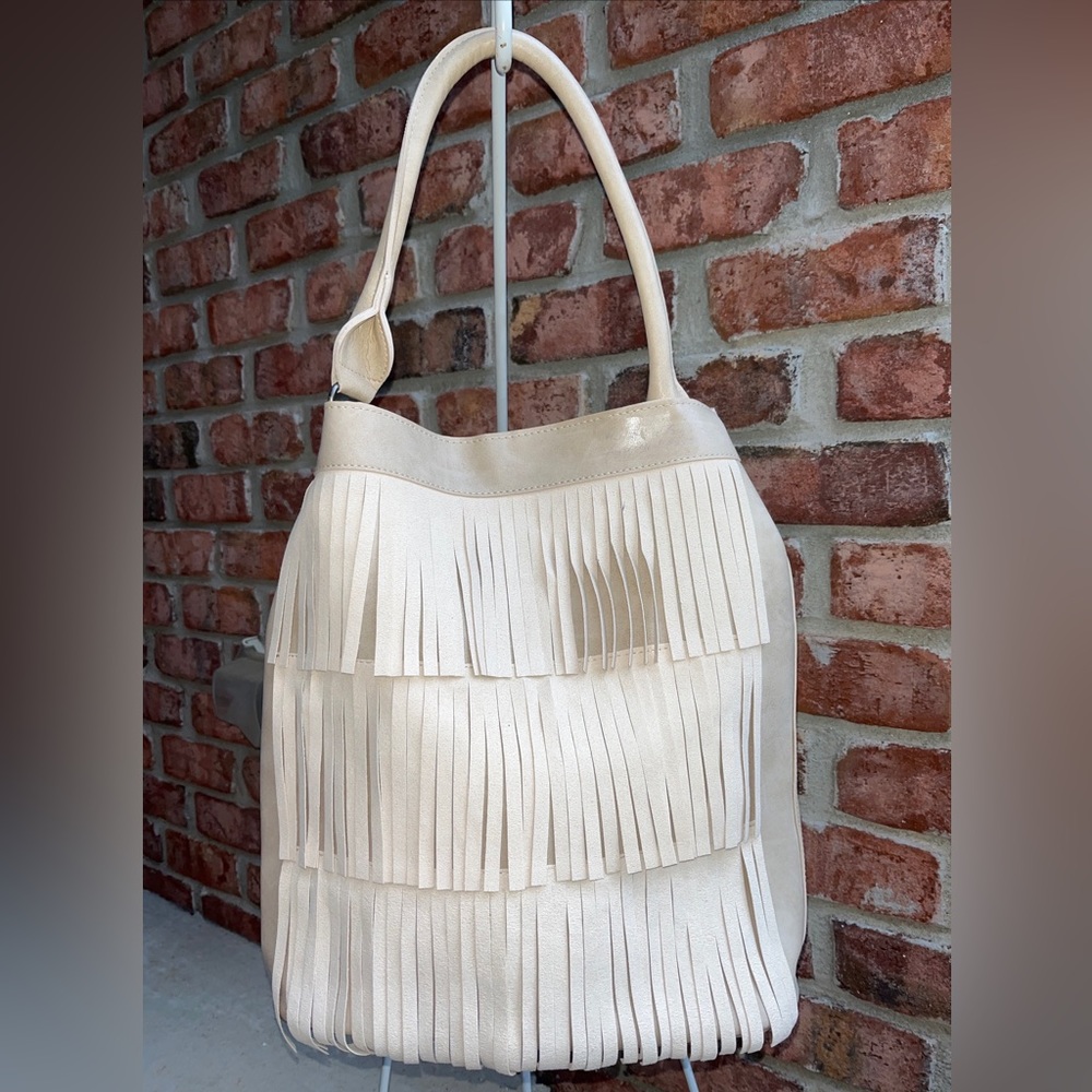 Leather Suede Fringed Tote Shoulder Bag Purse Beige New with Flaw